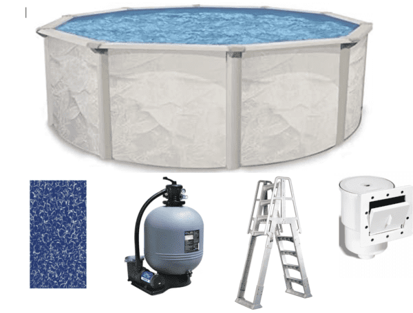 Above ground Argentina 52" Deluxe Above Ground Swimming Pool Packages with blue water, alongside a sand filter pump, a ladder, and a wall-mounted skimmer.